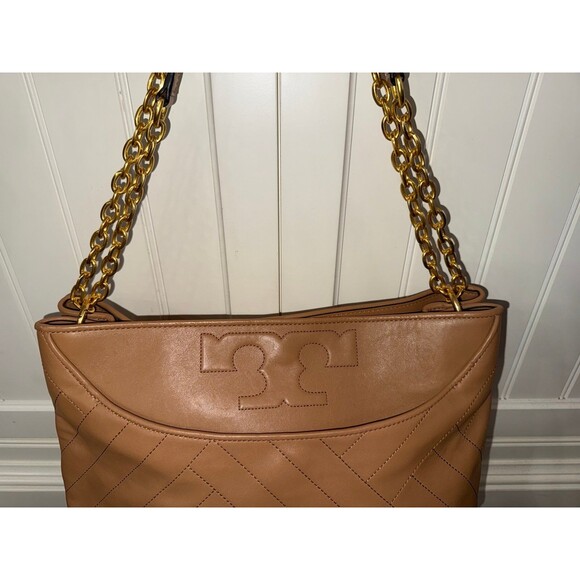 Tory Burch Designer Alexa Beige Tan Quilted Slouchy Leather Tote Purse Handbag - Picture 3 of 9